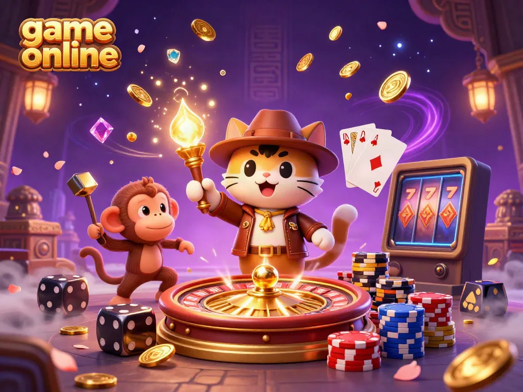 Play exciting game online with a cartoon archaeologist cat and monkey companion amidst treasures.