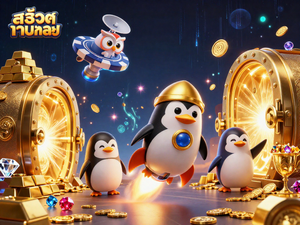 Experience สล็อตเว็บตรง action with a vibrant, dynamic casino scene featuring a golden penguin and treasures.