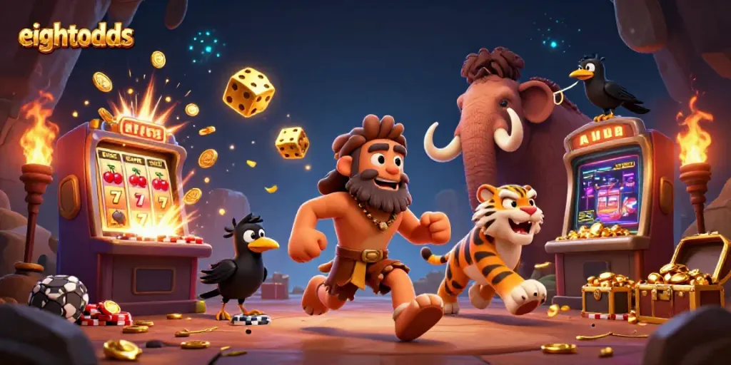 Experience excitement at eightodds with this vibrant prehistoric casino scene featuring animated characters and slot machines.