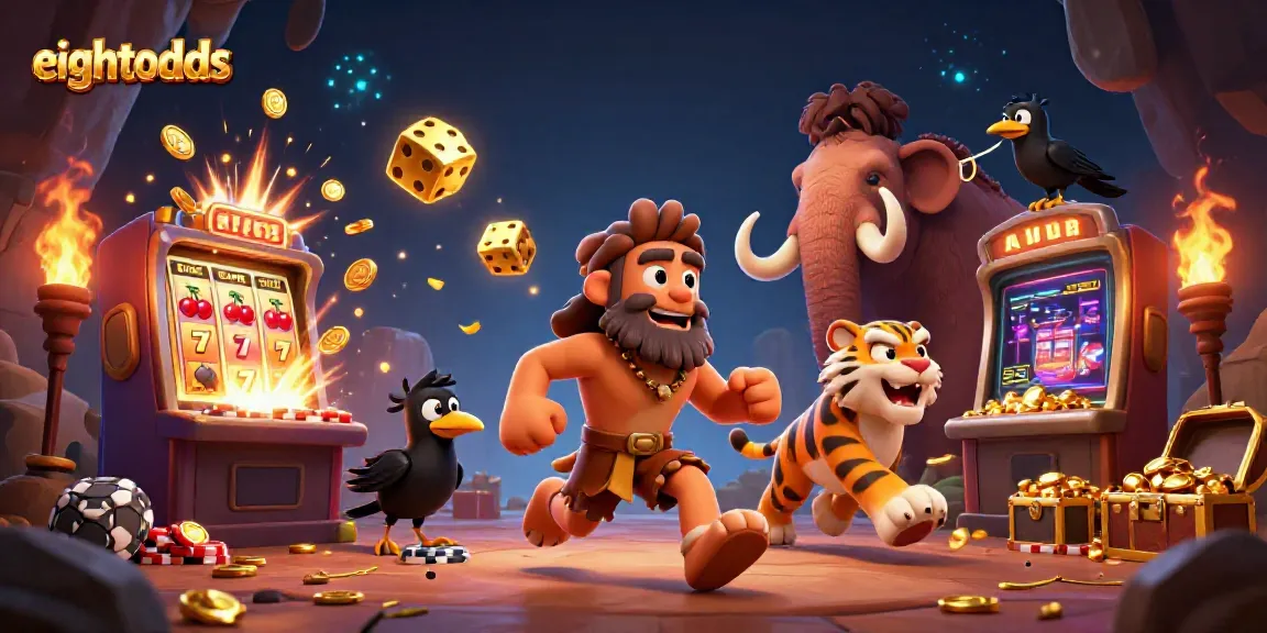 Experience excitement at eightodds with this vibrant prehistoric casino scene featuring animated characters and slot machines.