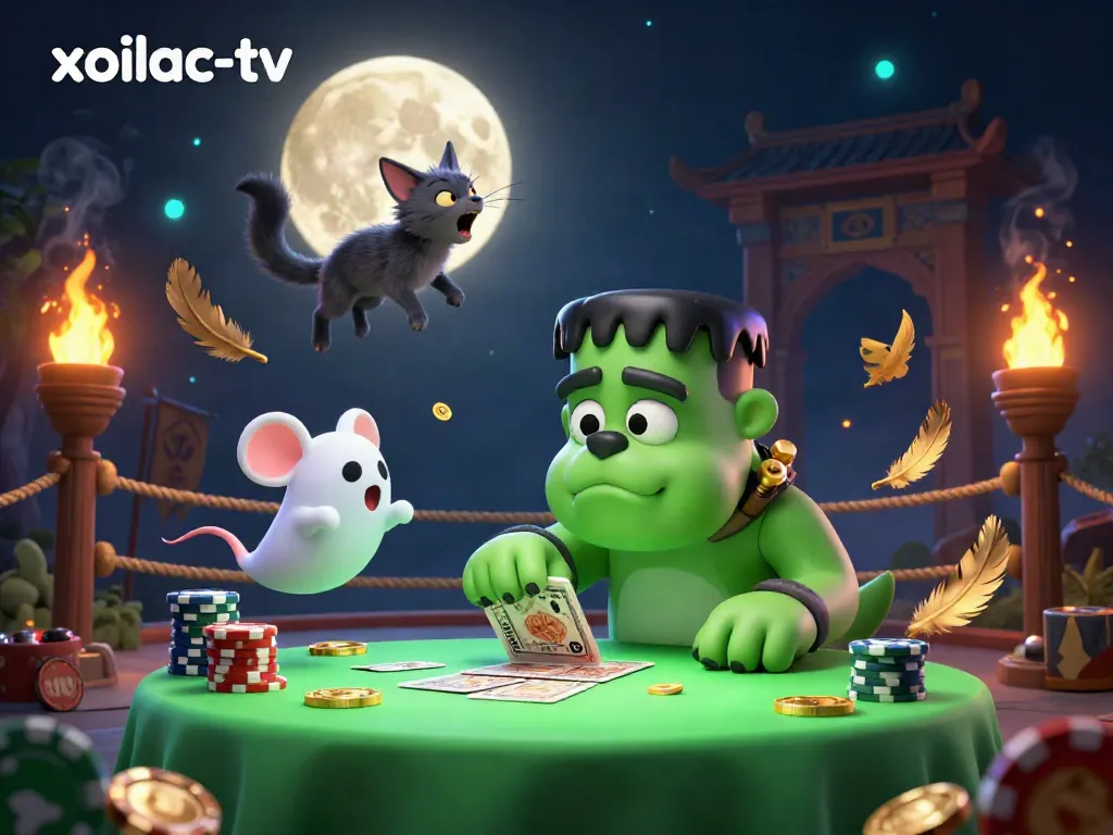 Xoilac-tv features a Frankenstein bulldog dealing cards at a spooky table, amidst vibrant casino elements.