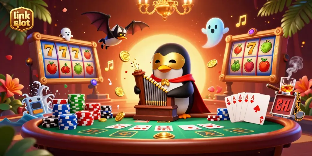 Experience the thrill of link slot gameplay with a vibrant scene filled with characters, slot reels, and poker elements.