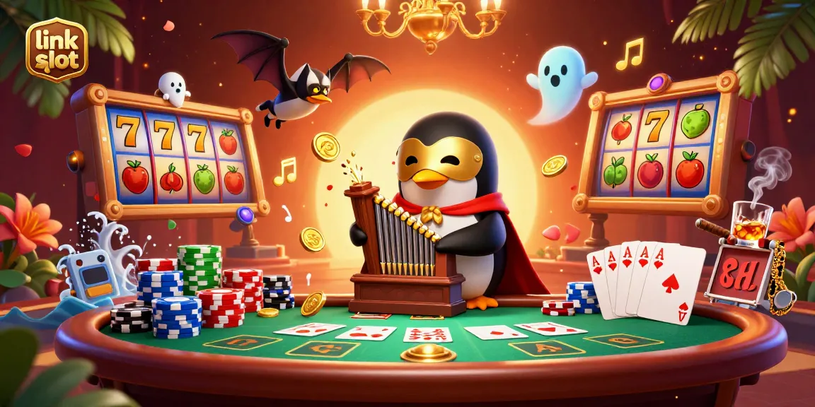 Experience the thrill of link slot gameplay with a vibrant scene filled with characters, slot reels, and poker elements.