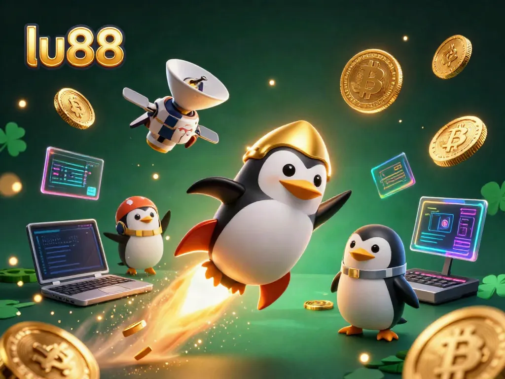 Engage with the exciting lu88 casino experience showcased by a golden penguin and crypto elements.