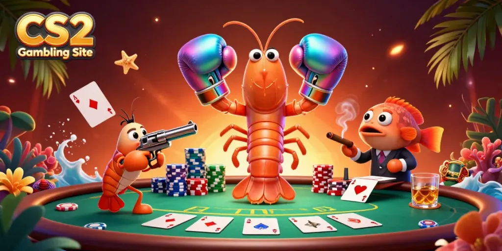 Gamble on CS2 Gambling Site with vibrant poker scene featuring mantis shrimp and dynamic elements.