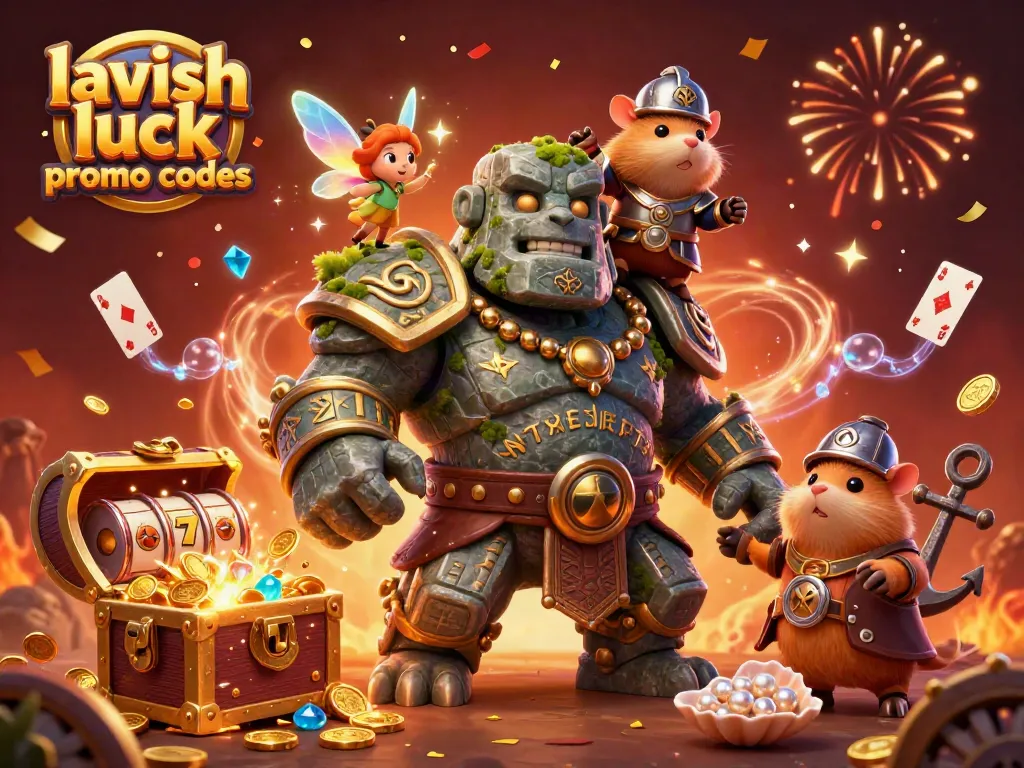 Win big with lavish luck promo codes in this vibrant casino-themed illustration featuring dynamic characters.