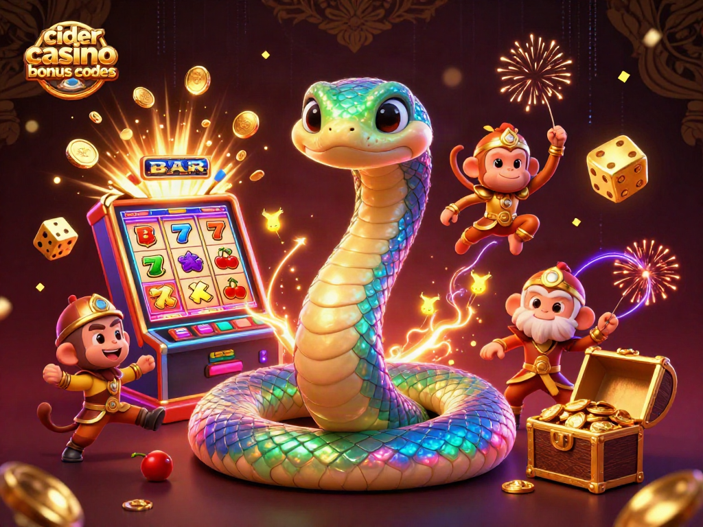 Cider casino bonus codes shine with a vibrant 3D scene featuring a rainbow serpent and jackpot elements.