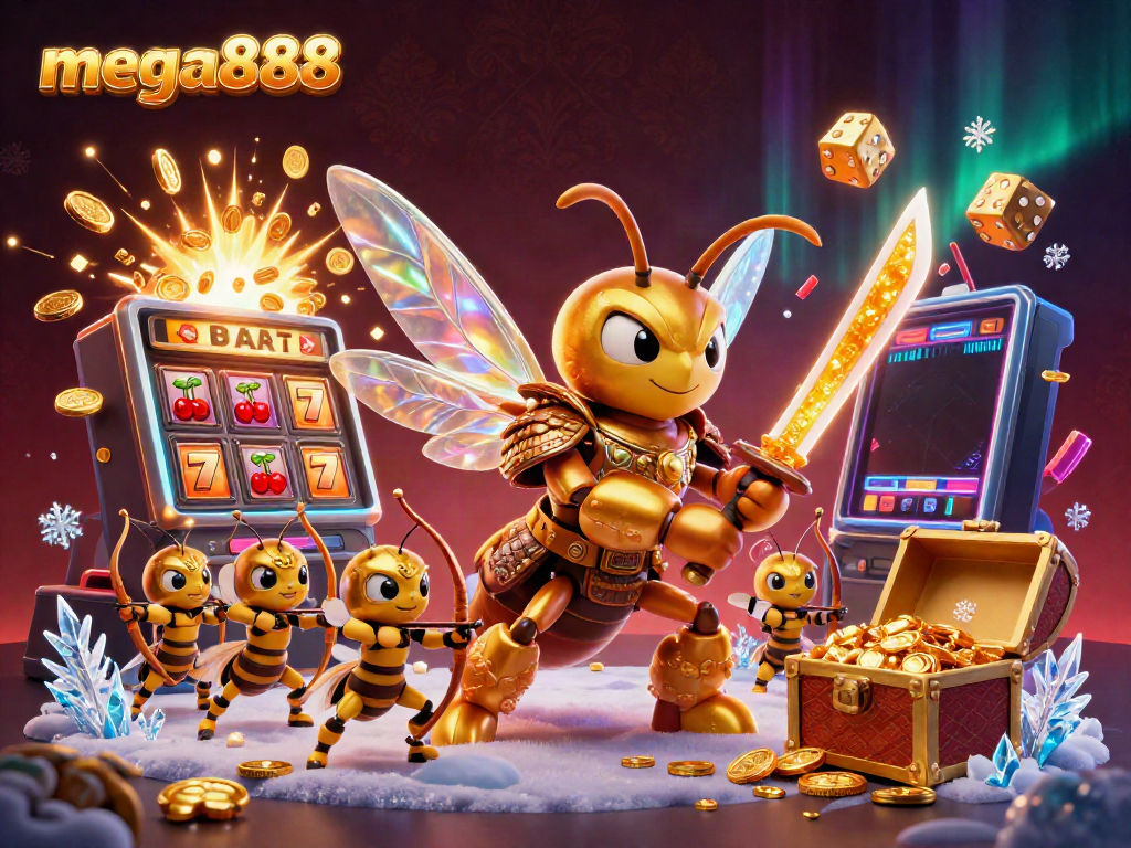 Permainan mega888 dengan ratu lebah emas dan mesin slot yang meletup dengan kemenangan berganda.