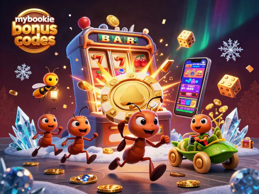 Redeem mybookie bonus codes while ants transport golden chips in a vibrant casino heist scene.