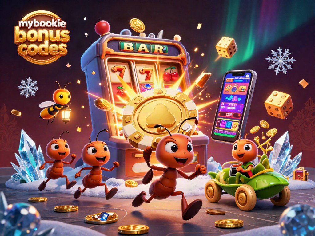 Redeem mybookie bonus codes while ants transport golden chips in a vibrant casino heist scene.