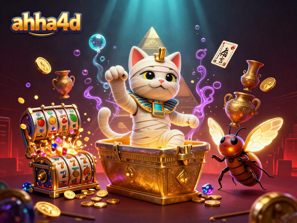 Engage with the thrilling world of ahha4d Casino featuring a vibrant Egyptian mummy cat illustration.