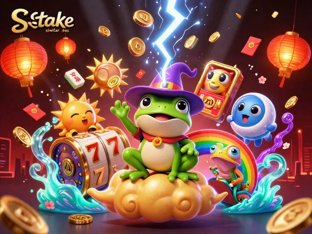 Experience thrilling moments at stake.us similar sites showcased through vibrant illustration with 3D characters and gaming symbols.