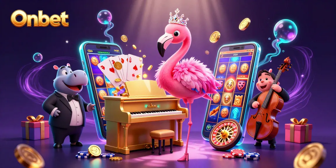 Onbet showcases a vibrant casino scene with flamingo singer and hippo bassist, enhancing gambler excitement.