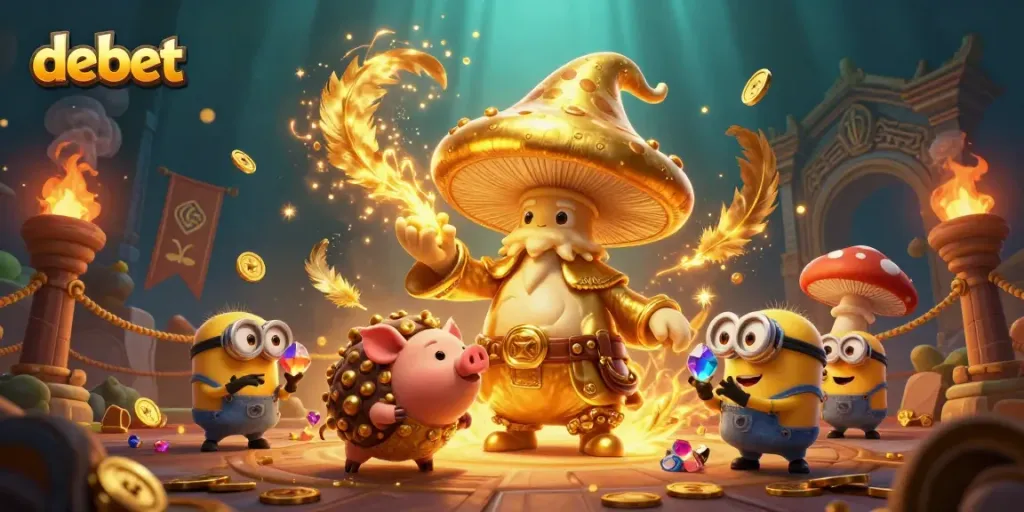 Experience the magic of debet with a golden mushroom wizard amidst treasures and casino elements.