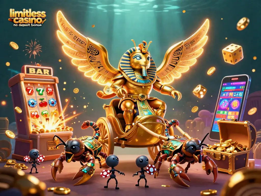 Experience the excitement of limitless casino no deposit bonus with golden beetles and vibrant casino symbols.