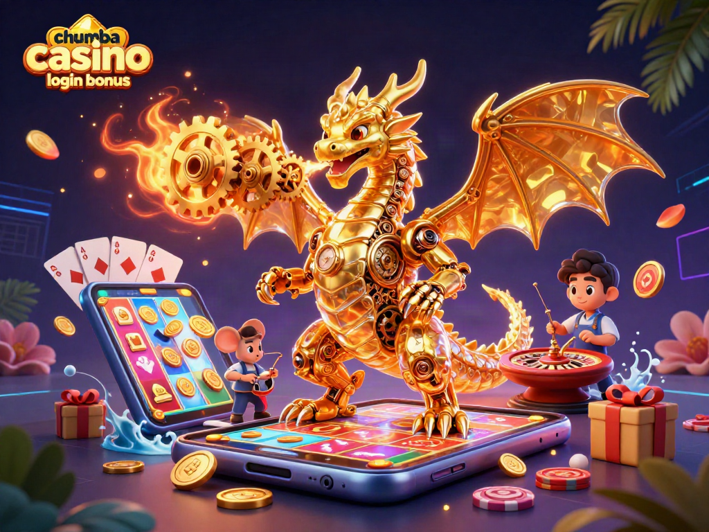Spin the reels for the chumba casino login bonus with golden cogs and vibrant game elements.