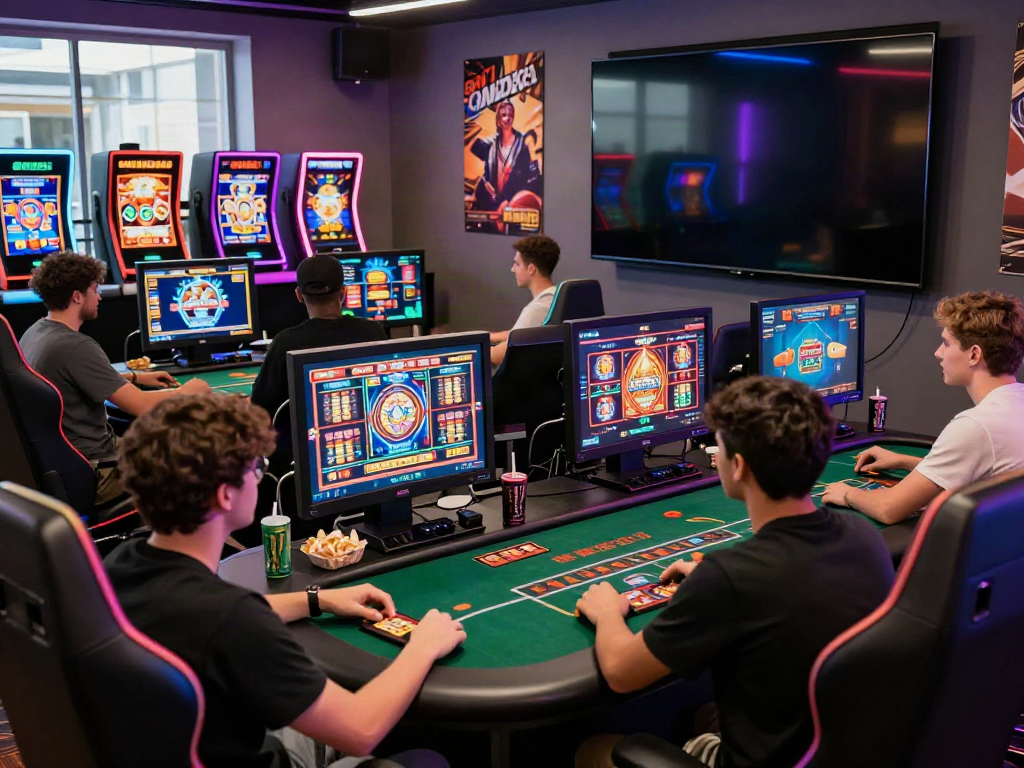 A80 online casino gaming session showing diverse players with vibrant screens and snacks.