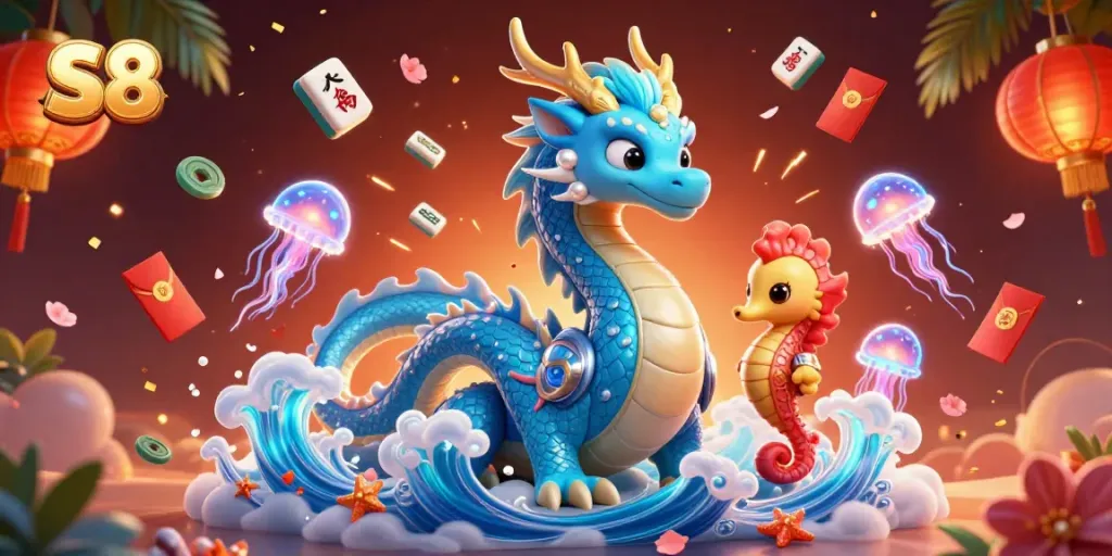 Engage in exciting casino games with S8 featuring a vibrant sea dragon and neon jellyfish.