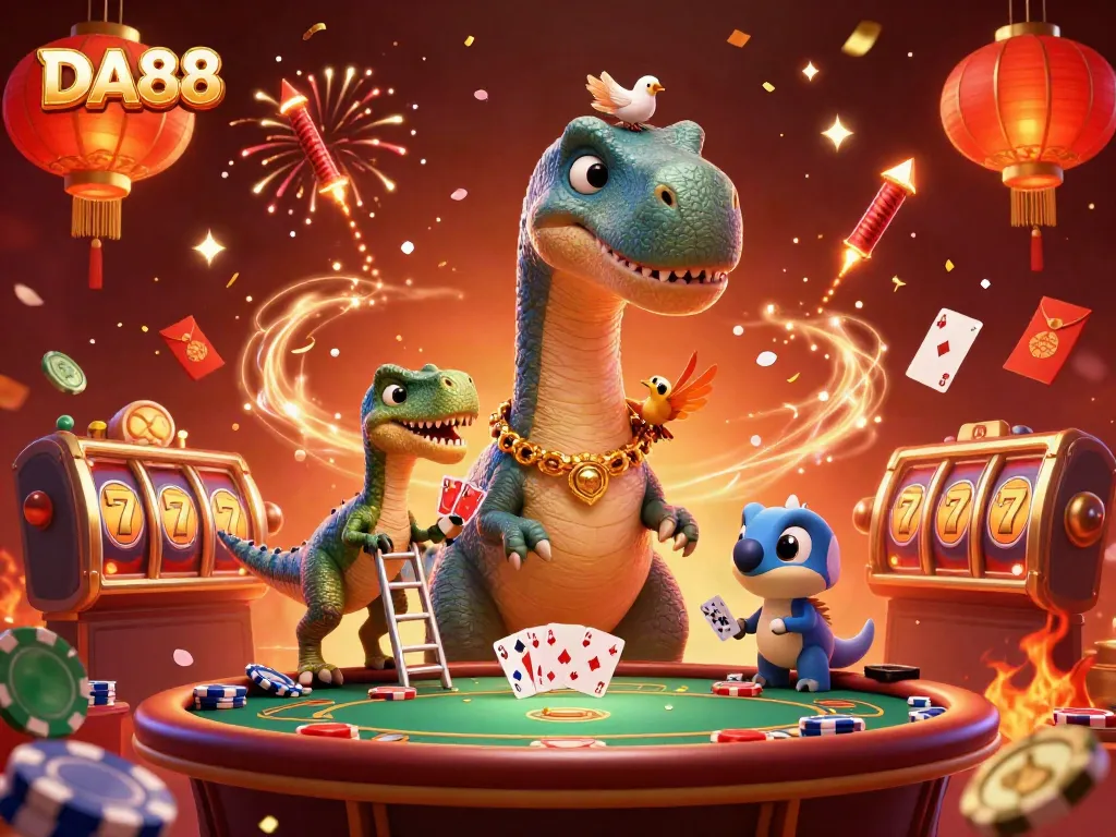 Engage with DA88 by playing poker amidst a vibrant 3D casino scene filled with dynamic elements.