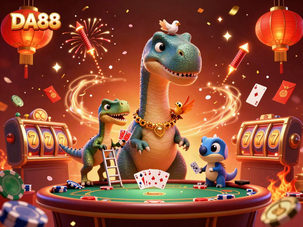 Engage with DA88 by playing poker amidst a vibrant 3D casino scene filled with dynamic elements.