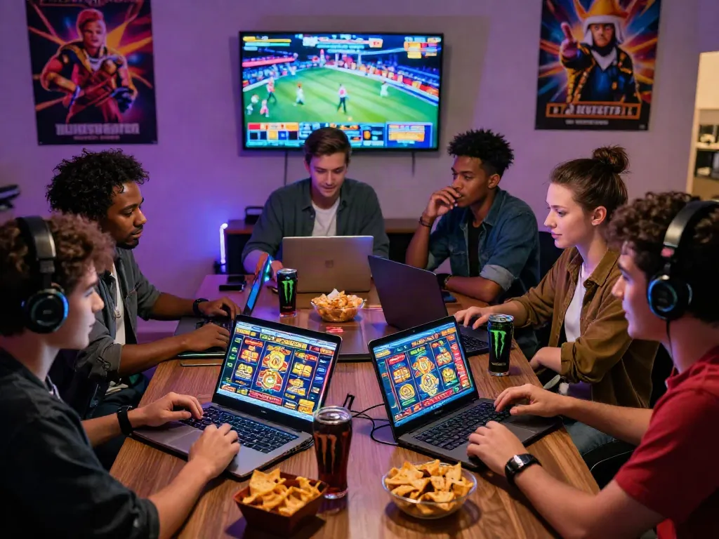 A lively online gaming session featuring friends playing akunjp gambling with laptops, snacks, and colorful LED lights.
