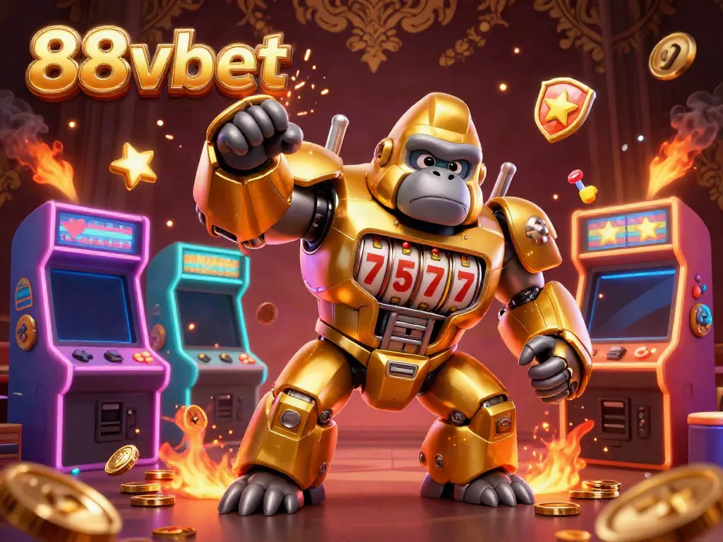 Experience thrilling online gaming with 88vbet's dynamic 3D illustration featuring a golden gorilla mech amidst a vibrant casino scene.