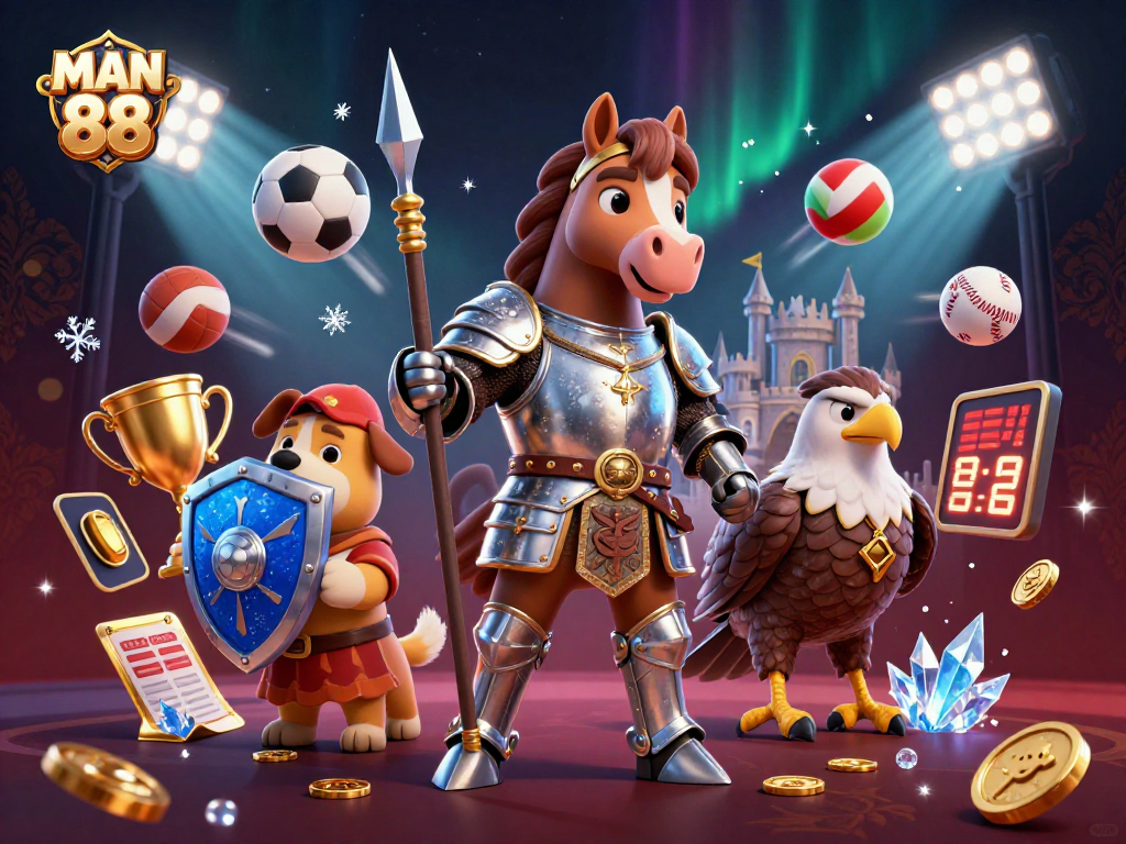 Engage in the thrill of MAN 88 with an immersive 3D casino scene featuring dynamic sports elements.