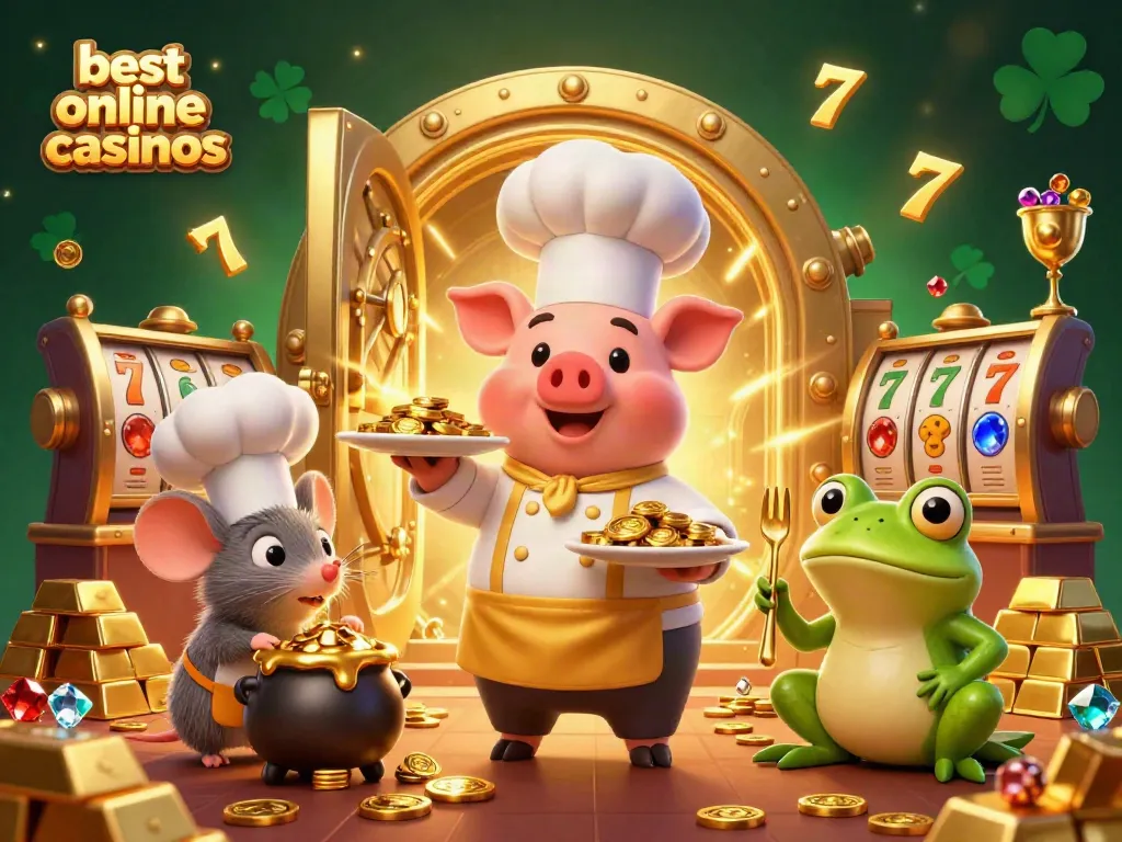 Experience the excitement of the best online casinos with our vibrant 3D illustration featuring a pig chef and golden treasures.