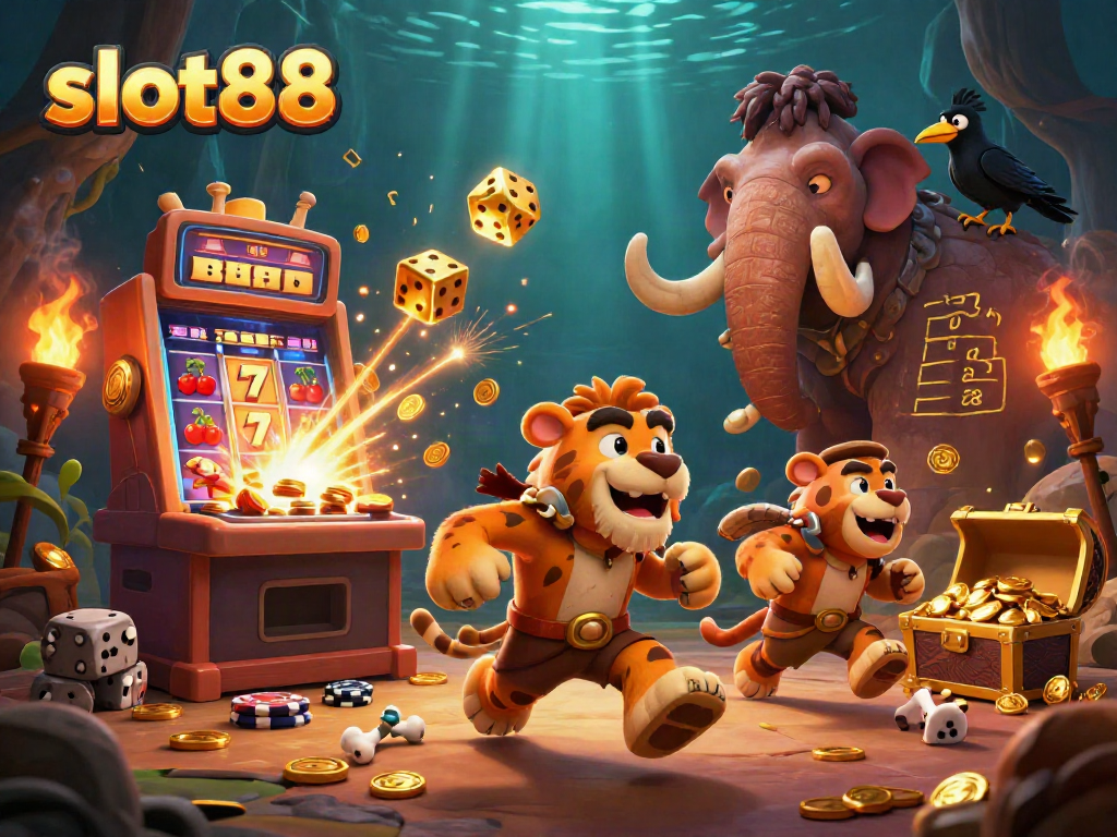 Permainan slot88 dengan pasangan karakter gua dalam kasino prasejarah yang dinamis dan berenergi.