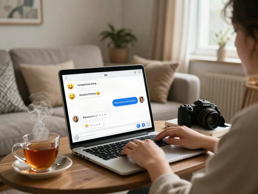 Person engaging in a cozy conversation using sex ai chat on a laptop in an inviting home setting.