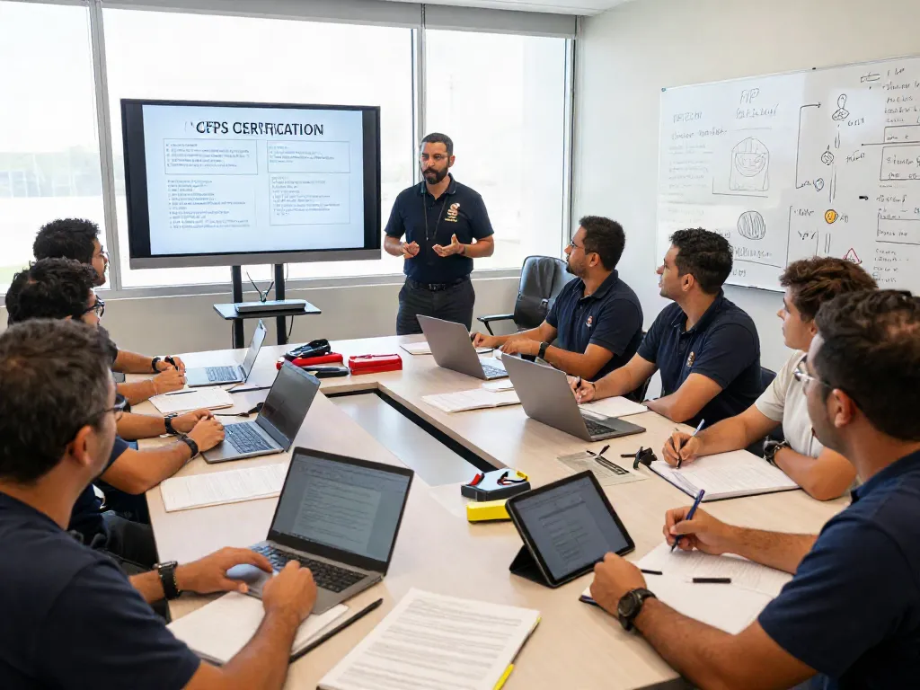 CFPS Certification Saudi Arabia training session with diverse professionals engaged in learning fire safety standards.