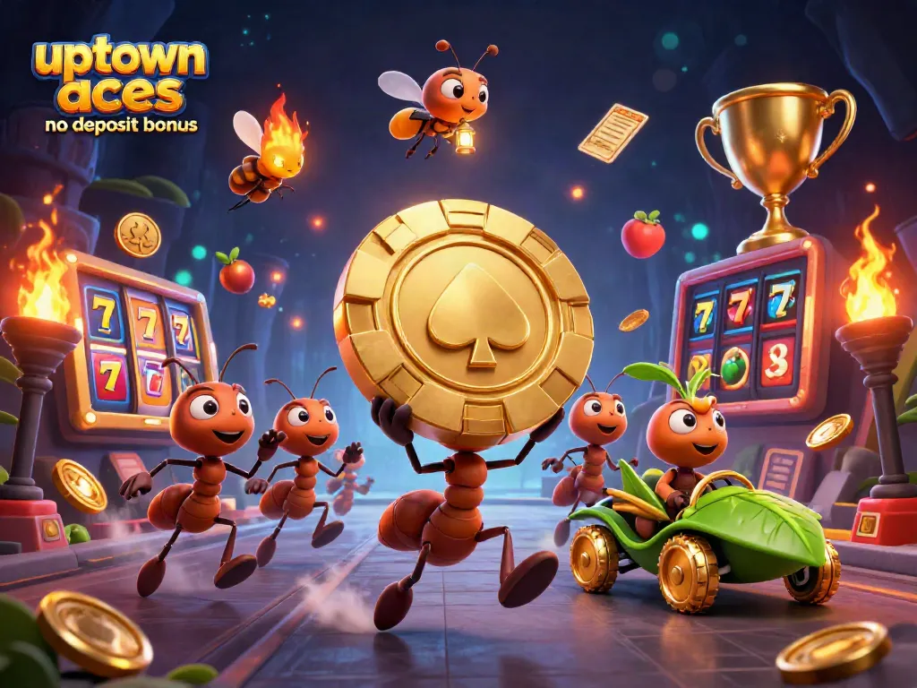 Engage with uptown aces no deposit bonus through a thrilling cartoon heist scene filled with vibrant casino elements.