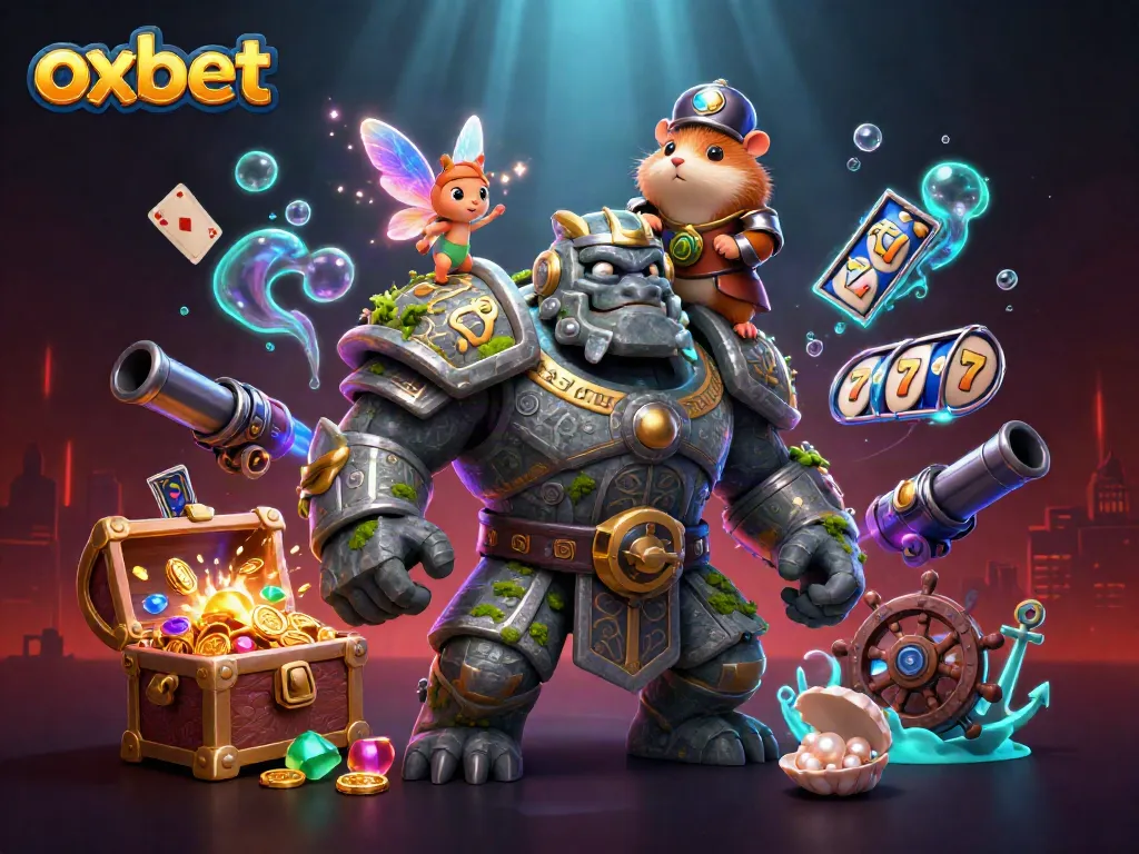 Join the fun at Oxbet with a golem guardian, fairy, and hamster knight amidst exciting casino games.