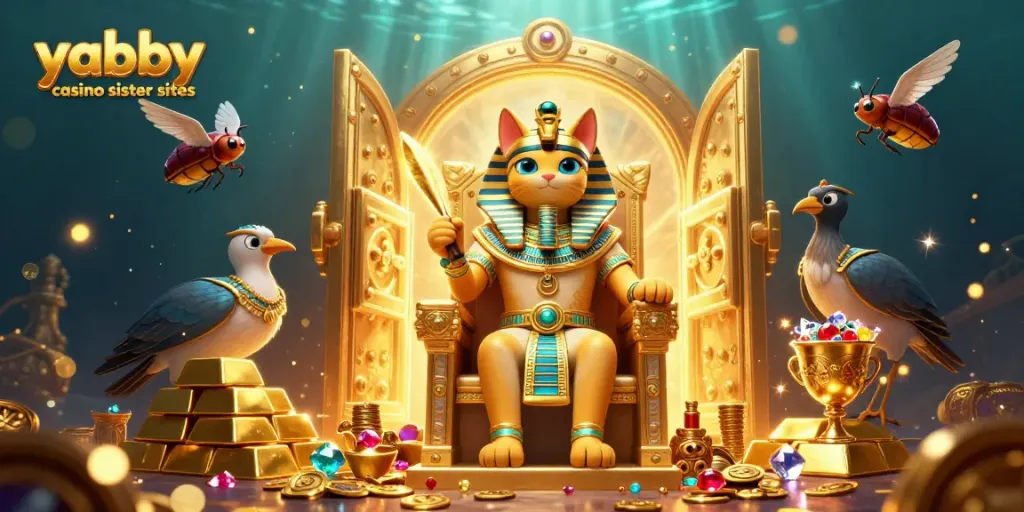 Explore vibrant action featuring yabby casino sister sites with Egyptian casino characters amid golden treasures.