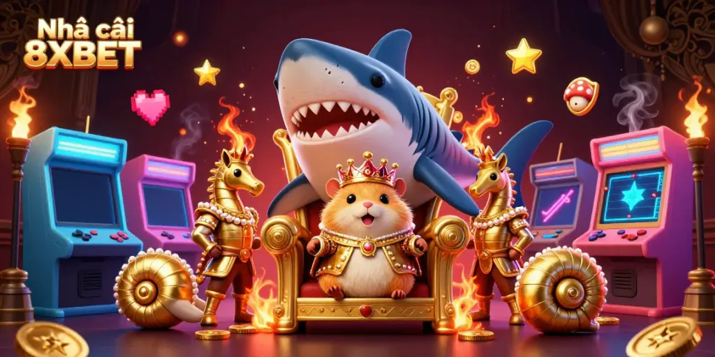Experience the thrill of Nhà cái 8XBET Casino with vibrant characters and arcade elements.