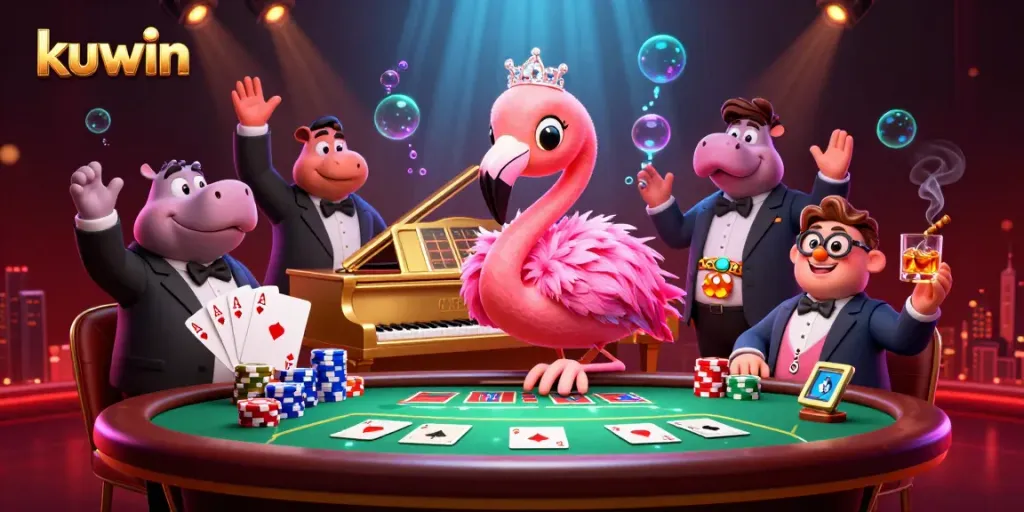 Engage with Kuwin's vibrant casino atmosphere through a dynamic lounge scene featuring 3D characters in action.