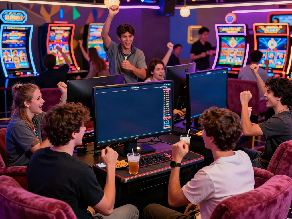 Friends enjoying a colorful สล็อต game experience at an online casino.
