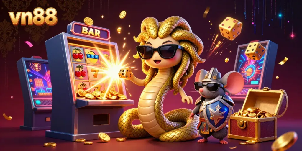 Experience the thrilling atmosphere of vn88 with a captivating 3D illustration of a friendly Medusa, casino slots, and vibrant game elements.