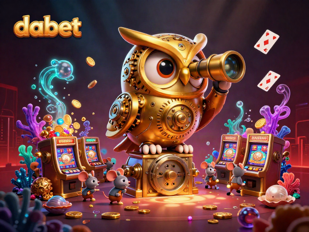 Experience thrilling casino action at dabet with a clockwork owl overseeing a vibrant gambling landscape.