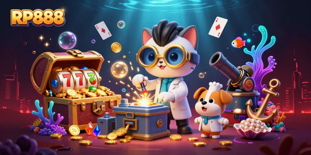 Experience the thrilling gambling world of RP888 with vibrant colorful visuals and dynamic casino elements.