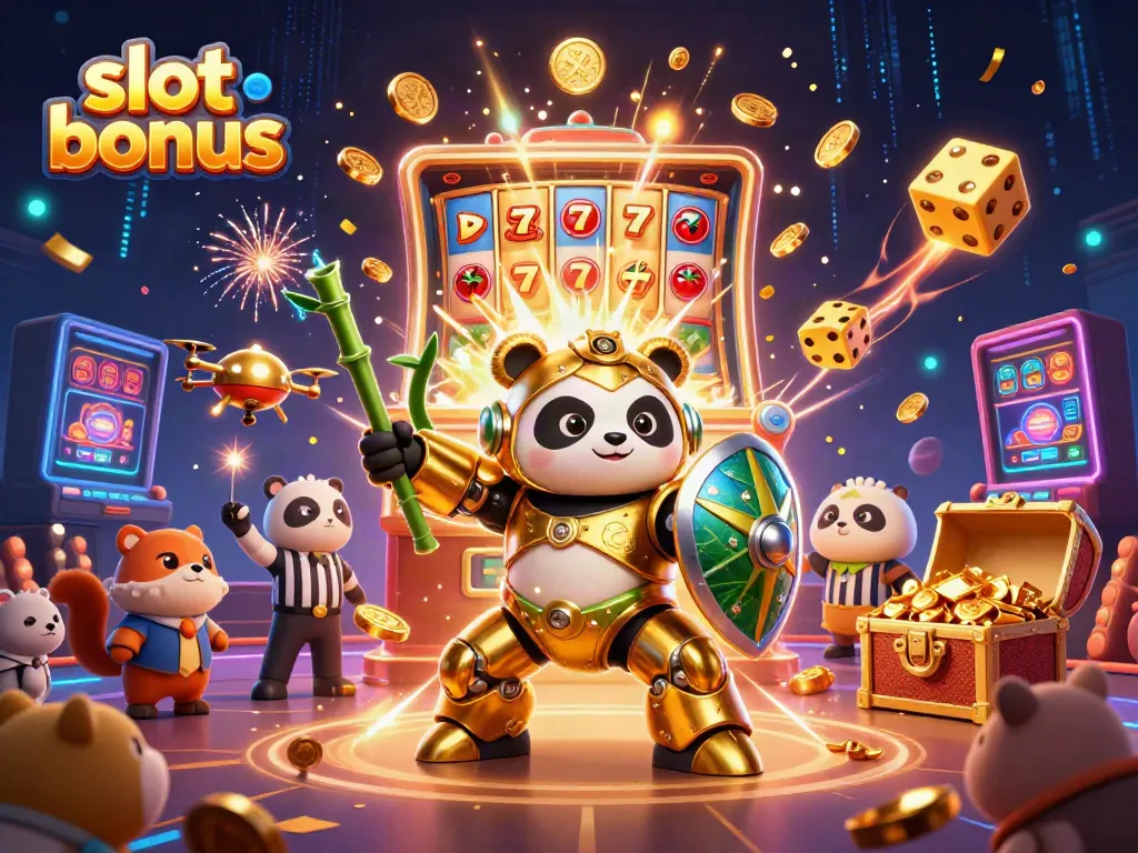 Experience the thrill of a slot bonus with a vibrant 3D scene featuring a golden panda and dynamic casino elements.