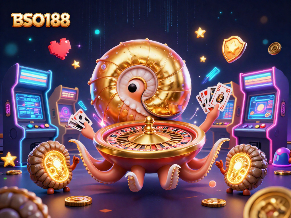 Spin the BSO188 roulette wheel with a captivating ancient nautilus in a vibrant casino scene.