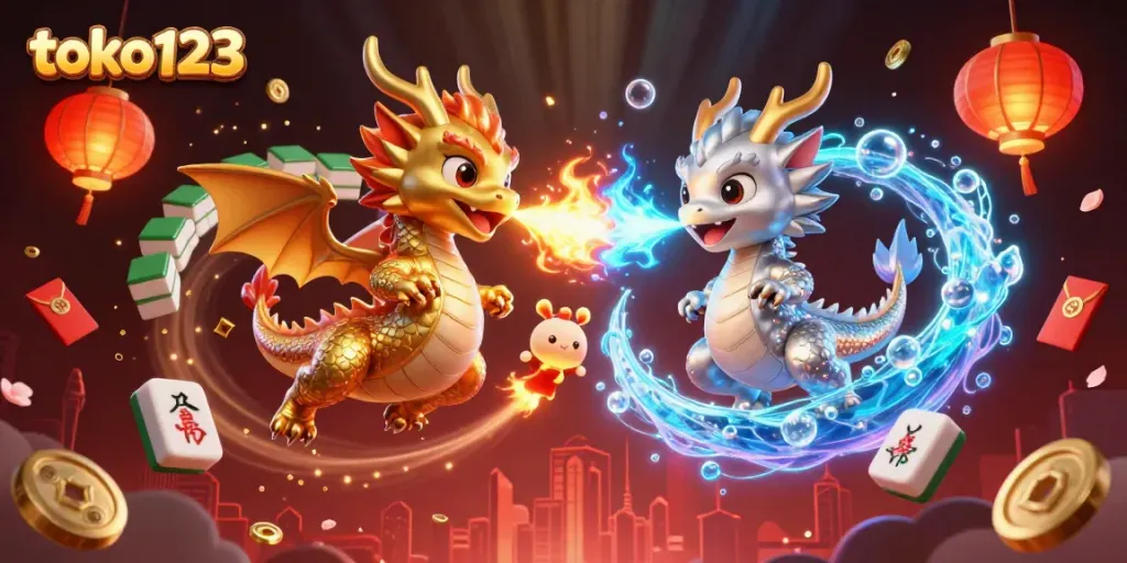 Experience excitement and thrills with toko123's engaging casino atmosphere featuring twin dragons and festive elements.