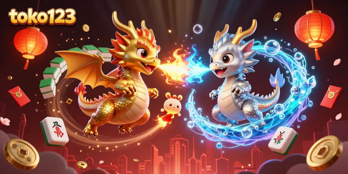 Experience excitement and thrills with toko123's engaging casino atmosphere featuring twin dragons and festive elements.