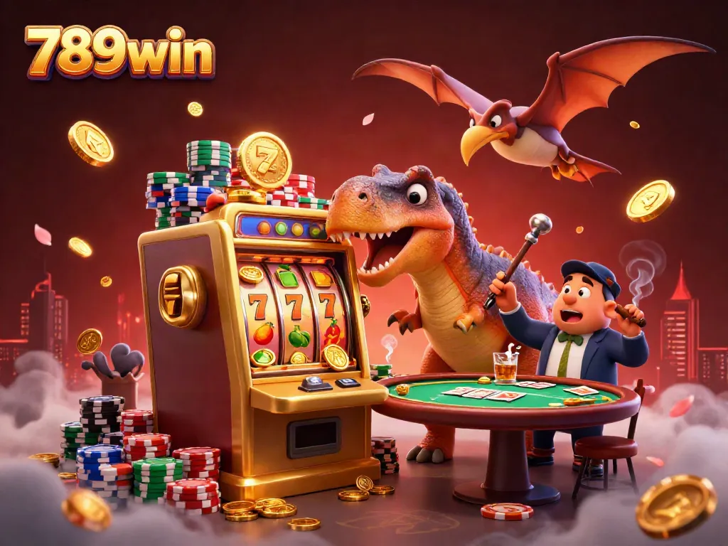 A pachycephalosaurus celebrates a jackpot win on a golden slot machine in a lively casino scene, showcasing 789win.
