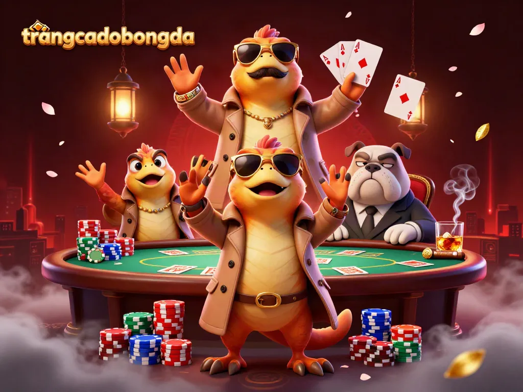Three raptors in a trench coat trying to enter a VIP lounge at trangcadobongda casino in a rich 3D scene.