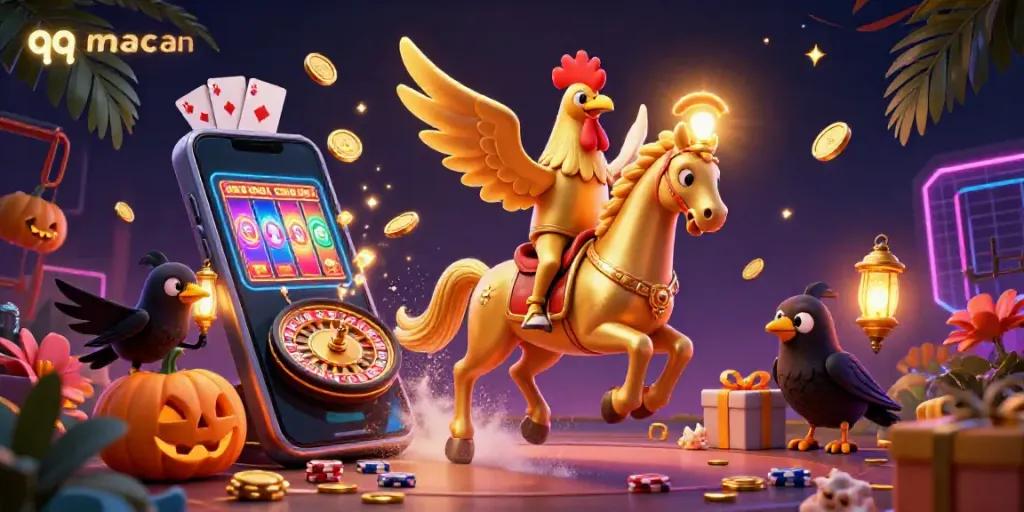Experience thrilling gameplay with qq macan featuring golden rooster characters amidst a vibrant casino scene.
