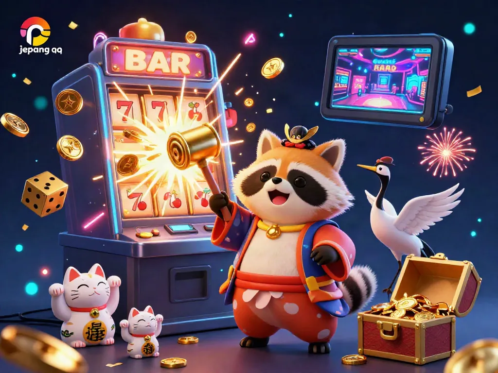 Permainan kartu online Jepang QQ dengan karakter tanuki dan simbol keberuntungan di lingkungan digital yang ceria.