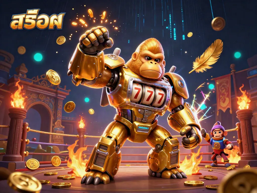 Experience thrilling สล็อต action with a golden gorilla mech surrounded by dynamic gaming elements.