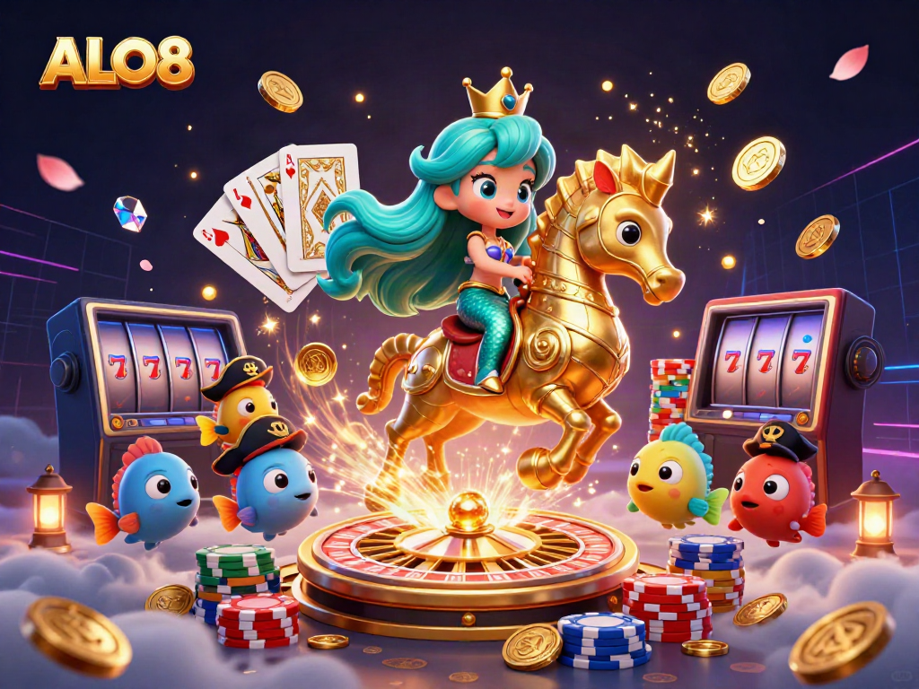 Experience the vibrant ALO8 casino atmosphere with a mermaid, seahorse, and treasures in this 3D illustration.
